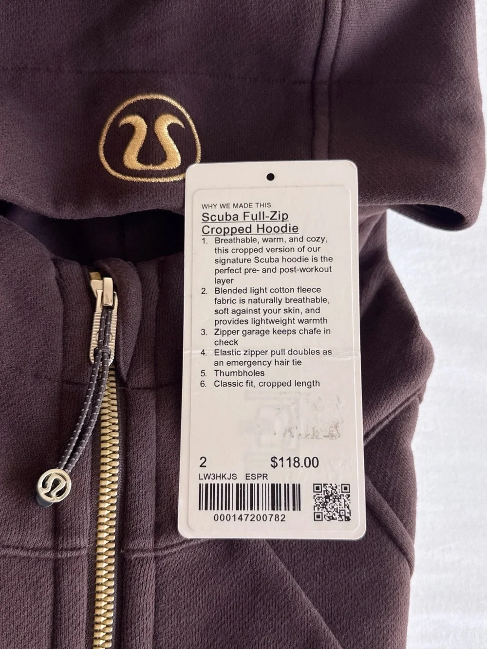 lululemon Scuba Full-Zip Cropped Hoodie Espresso/Gold Size 2 NWOT